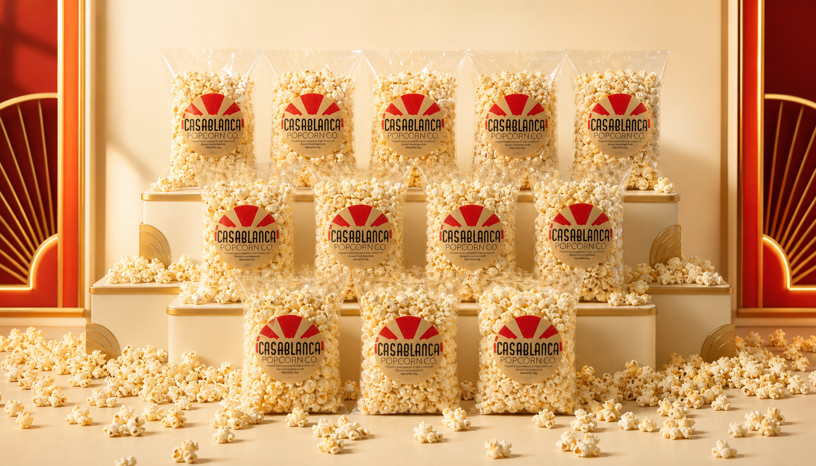 An abundant display of Casablanca Popcorn bags and freshly popped popcorn